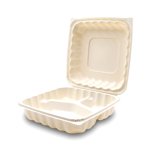 360-001-883 EarthPro Hinged MFPP 8x8 carry-out tray, three compartment